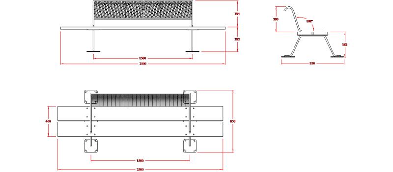 Plan Views, Side And Front Elevation Of Street Bench